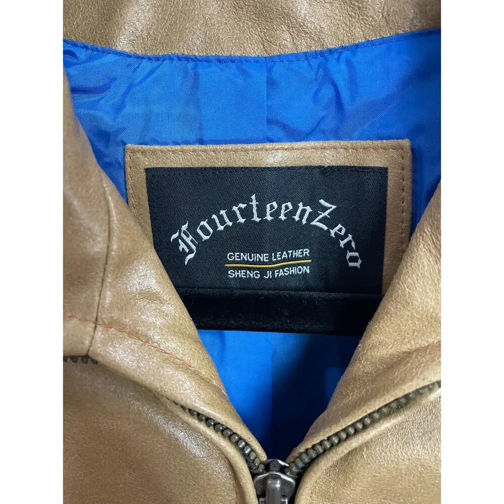 FourteenZero Beige Tan Zip Up Leather Jacket Size Medium Winter Fall Casual Chic